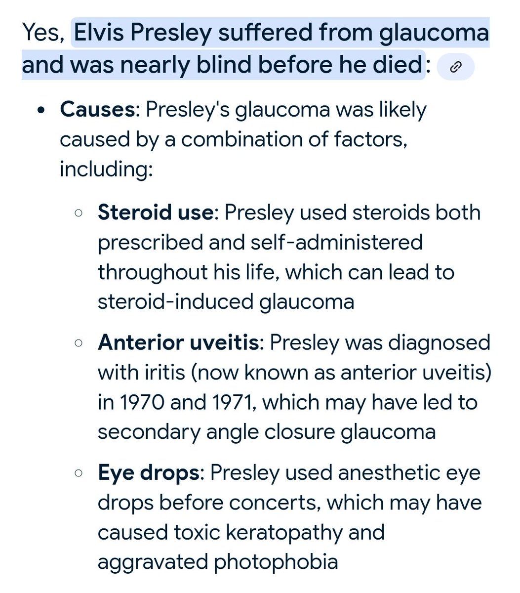 Elvis Presley suffered from glaucoma and was nearly blind before he died.

Presley had an acute angle closure glaucoma episode in 1971 that was treated with a subconjunctival injection.

Presley had to take eye drops every day for his glaucoma.

#GlaucomaAwareness