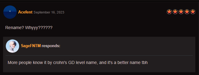 In 2023, the song Fireflies, notorious for being used in the level Glide, was renamed after the level.