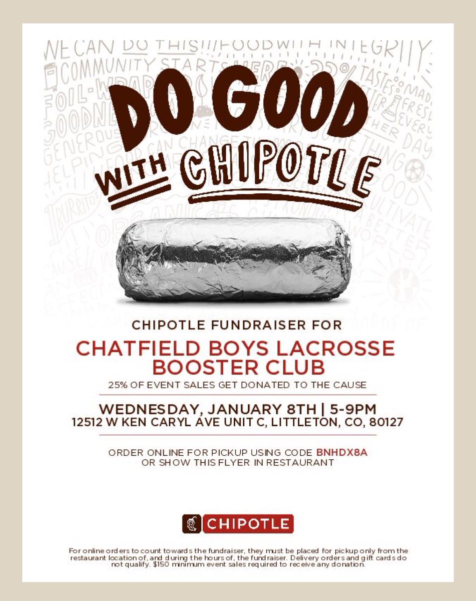 Show this flyer on your phone in the store or use code BNHDX8A online and Chatfield Boys Lacrosse gets 25%!