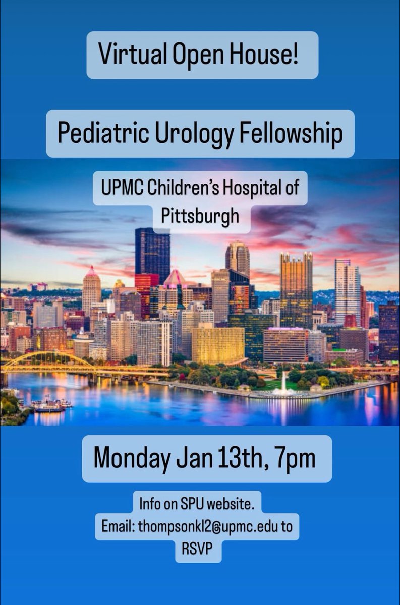 UPMC Pediatric Urology (@upmcpedsurology) on Twitter photo If you want to learn more about our amazing Peds Uro program please join us for a Virtual Open House on Monday Jan 13th, 7pm EST! Please RSVP to email below or you can msg <a href="/jeevesrc/">Rajeev Chaudhry</a> and we will send the link!
<a href="/AmerUrological/">Amer. Urol. Assn.</a> <a href="/SPU_Urology/">SPU_Urology</a> <a href="/UPMCUrology/">UPMC Urology</a> <a href="/pedsurologist/">Glenn Cannon</a> If you want to learn more about our amazing Peds Uro program please join us for a Virtual Open House on Monday Jan 13th, 7pm EST! Please RSVP to email below or you can msg <a href="/jeevesrc/">Rajeev Chaudhry</a> and we will send the link!
<a href="/AmerUrological/">Amer. Urol. Assn.</a> <a href="/SPU_Urology/">SPU_Urology</a> <a href="/UPMCUrology/">UPMC Urology</a> <a href="/pedsurologist/">Glenn Cannon</a>