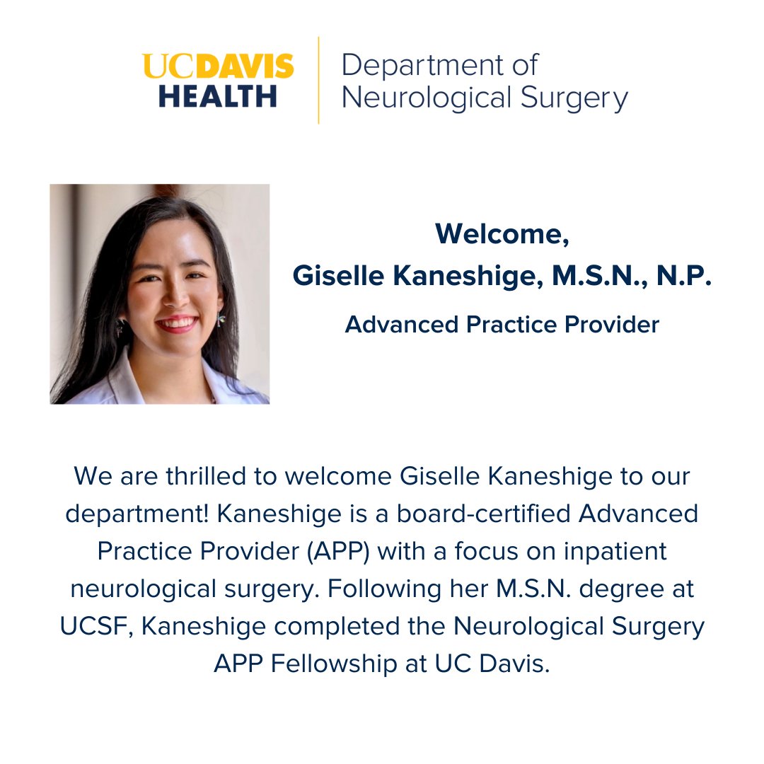 UC Davis Neurological Surgery (@ucdneurosurgery) on Twitter photo We are thrilled to welcome Giselle Kaneshige, M.S., A.G.A.C.-N.P., to our department. Kaneshige is an Advanced Practice Provider, joining the inpatient neurosurgery team. Kaneshige recently completed her Neurosurgery APP Fellowship at UC Davis.
<a href="/UCDavisHealth/">UC Davis Health</a> <a href="/UCDavis_Nursing/">UC Davis Betty Irene Moore School of Nursing</a> We are thrilled to welcome Giselle Kaneshige, M.S., A.G.A.C.-N.P., to our department. Kaneshige is an Advanced Practice Provider, joining the inpatient neurosurgery team. Kaneshige recently completed her Neurosurgery APP Fellowship at UC Davis.
<a href="/UCDavisHealth/">UC Davis Health</a> <a href="/UCDavis_Nursing/">UC Davis Betty Irene Moore School of Nursing</a>
