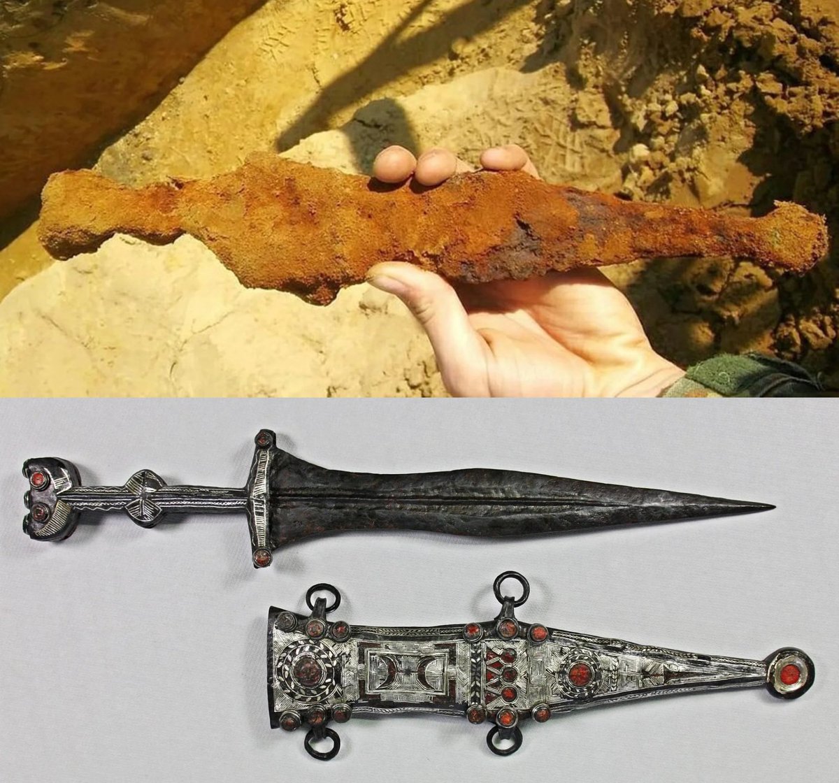 tradingMaxiSL's tweet image. Astonishing Historical Things People Have Found 🧵

1. A 2000-year-old Roman silver dagger, that was discovered by an archeology intern in 2019 in Germany, before and after nine months of careful restoration work