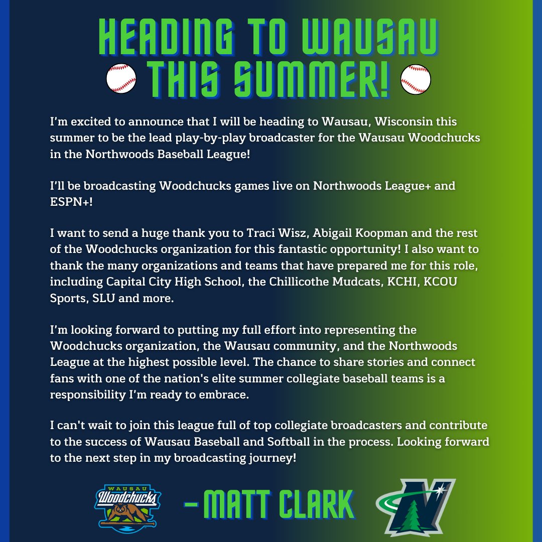 MattClarkPXP's tweet image. 🦫🟢⚾️The journey continues.
Delighted to announce that I'll be the play-by-play voice for the Wausau Woodchucks (@ChucksBaseball) in the Northwoods League this summer!
Read more about it below! Incredibly grateful for this opportunity, and excited to get started! #BurrowDown