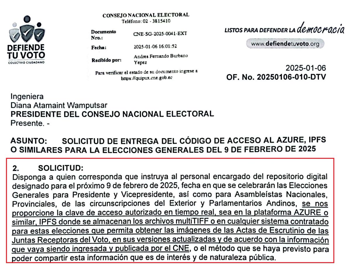 OscarAyerve's tweet photo. 🗳️EL 09 DE FEBRERO LOS RESULTADOS ELECTORALES DE #Elecciones2025Ec DEBERÁN SER PUBLICADOS EN TIEMPO REAL @cnegobec 
👥#DefiendeTuVoto tendrá el contingente tecnológico para analizar los siguientes aspectos:
1⃣Comprobar que todas las Actas de Escrutinio, Recuento, Hoja Padrón Electoral puedan ser verificadas a través de la tecnología descentralizada #Blockchain o similar en la página de las firmas electrónicas. 
2⃣Corroborar que los ingresos de los recuentos al Blockchain, o similar, y a la firma electrónica vayan en cronología paralela.
3⃣Validar los HASHES256 de los archivos TIFF y PDF.
4⃣Verificar que los diferentes recuentos, para la misma Junta Receptora del Voto JRV, tengan su etiqueta secuencial: R1, R2, R3.
🔴La información que se cargue al repositorio, plataforma o similar debe ser completa.
🟡Los candidatos y dirigentes políticos a más de los ciudadanos deberían interesarse a profundidad en estos temas. #EleccionesEcuador2025 
@Presidencia_Ec @AsambleaEcuador @CpccsEc @CJudicaturaEc @CorteNacional @CorteConstEcu @ContraloriaECU @PoliciaEcuador @FFAAECUADOR #URGENTE #ATENCIÓN @cendemocratico @RetoEc
@UnidadPopularE @LucioGutierrez3 @RC5Oficial
@La6Ecuador @PartidoAvanza8 @ID12Ecuador
@AMIGOLista16 @PSEcuatoriano @PKnacional18
@DemocraciaSi_20 @CREOEcuador @23Suma
@Construye_Ecu