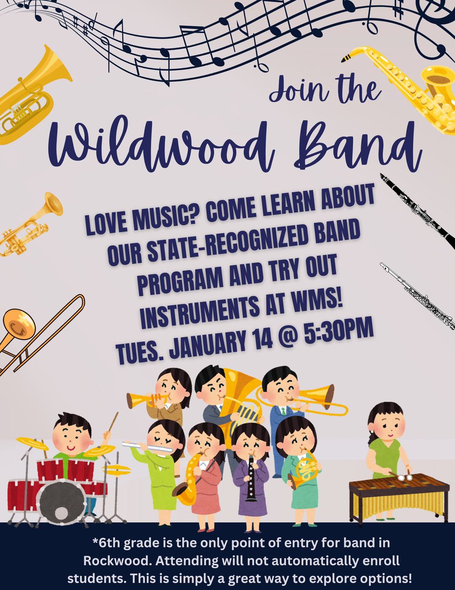 WMS Timberwolf Band (@timberwolfband) on Twitter photo Hey future Timberwolves! If you’re joining our Wildwood family this fall, you’re invited to come explore all the fun band instruments this Tuesday. 💚💛🎶 See you there!
#BeginningBand #MusicEducation <a href="/WMSTimberwolves/">Wildwood Timberwolves</a> Hey future Timberwolves! If you’re joining our Wildwood family this fall, you’re invited to come explore all the fun band instruments this Tuesday. 💚💛🎶 See you there!
#BeginningBand #MusicEducation <a href="/WMSTimberwolves/">Wildwood Timberwolves</a>
