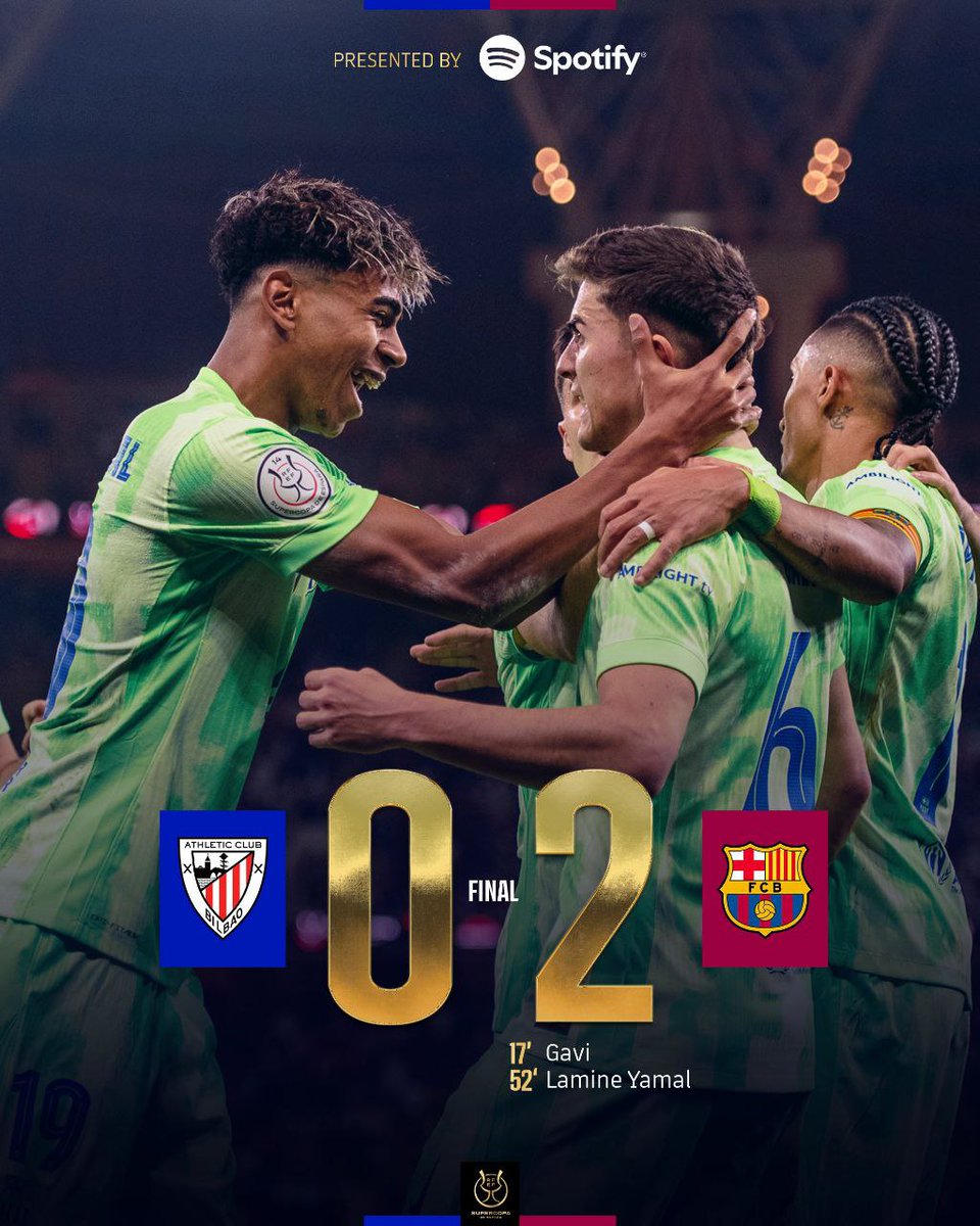 FutbolTactico2's tweet photo. ‼️EL BARÇA SE PLANTA EN LA FINAL DE LA SUPERCOPA DE ESPAÑA 24-25‼️

✅ A la espera de su rival... será ¿#RealMadrid ó #Mallorca?...

#Barcelona #AthleticClub #SupercopaDeEspaña https://t.co/5UK7SJfGgK