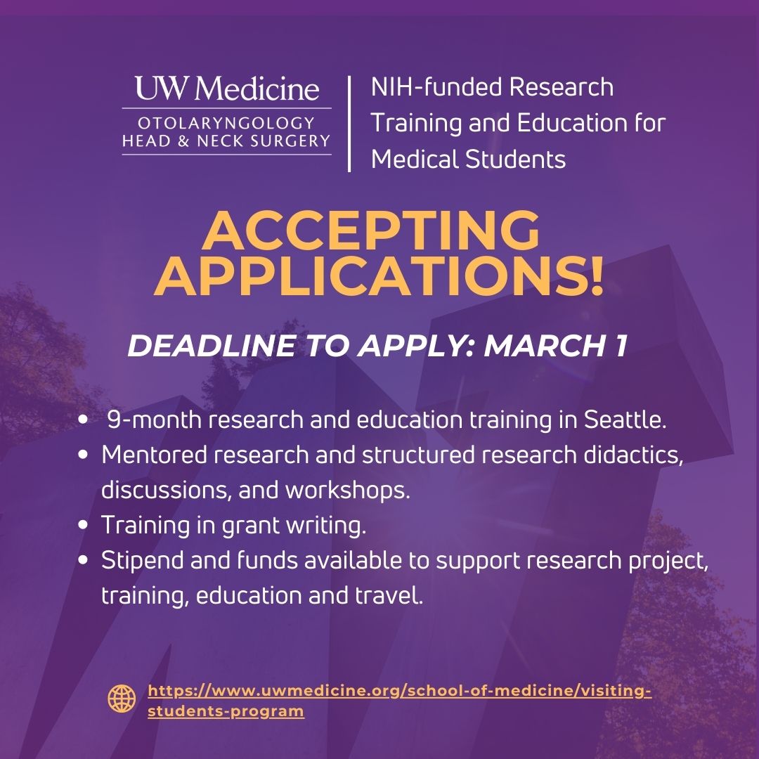 University of Washington Otolaryngology-HNS (@oto_uw) on Twitter photo 📢 Calling all med students! The NIH-funded R25 Research Training Program offers funding, mentorship, and hands-on experience to kickstart your research career. 🩺🧪
📅 Apply by March 1 2025!
🔗otolaryngology.uw.edu/accepting-appl…
#ResearchOpportunities #MedEd #NIHR25 📢 Calling all med students! The NIH-funded R25 Research Training Program offers funding, mentorship, and hands-on experience to kickstart your research career. 🩺🧪
📅 Apply by March 1 2025!
🔗otolaryngology.uw.edu/accepting-appl…
#ResearchOpportunities #MedEd #NIHR25