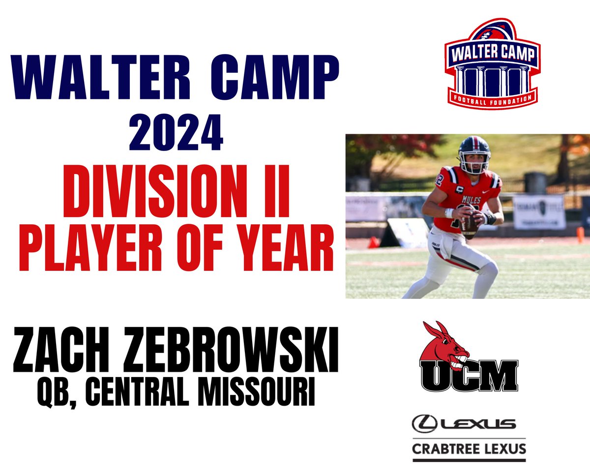 WalterCampFF's tweet photo. Congrats @UCMFootballTeam Zach Zebrowski, the first-ever recipient of the @WalterCampFF NCAA Division II Player of the Year  @NCAAFootball @NCAADII 

https://t.co/WNZibcuVt7 https://t.co/6zvFY545VW
