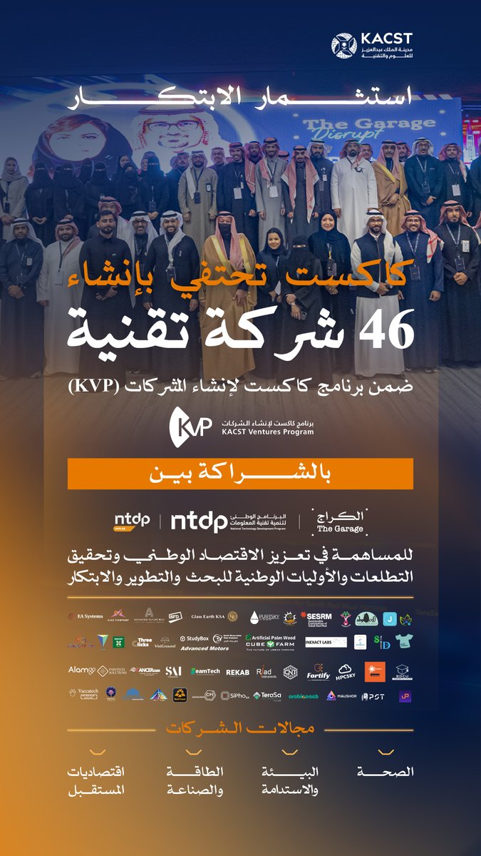 KACST's tweet photo. من الابتكار إلى ريادة الأعمال..
46 شركة ناشئة تخطو أولى خطواتها نحو النجاح، نحتفي في #كاكست وبالشراكة مع @ntdpsa و @TheGarageKSA بإنجاز يُعزز الابتكار ويدعم ريادة الأعمال في المملكة.

#استثمار_الابتكار https://t.co/vbbSYcAAuP