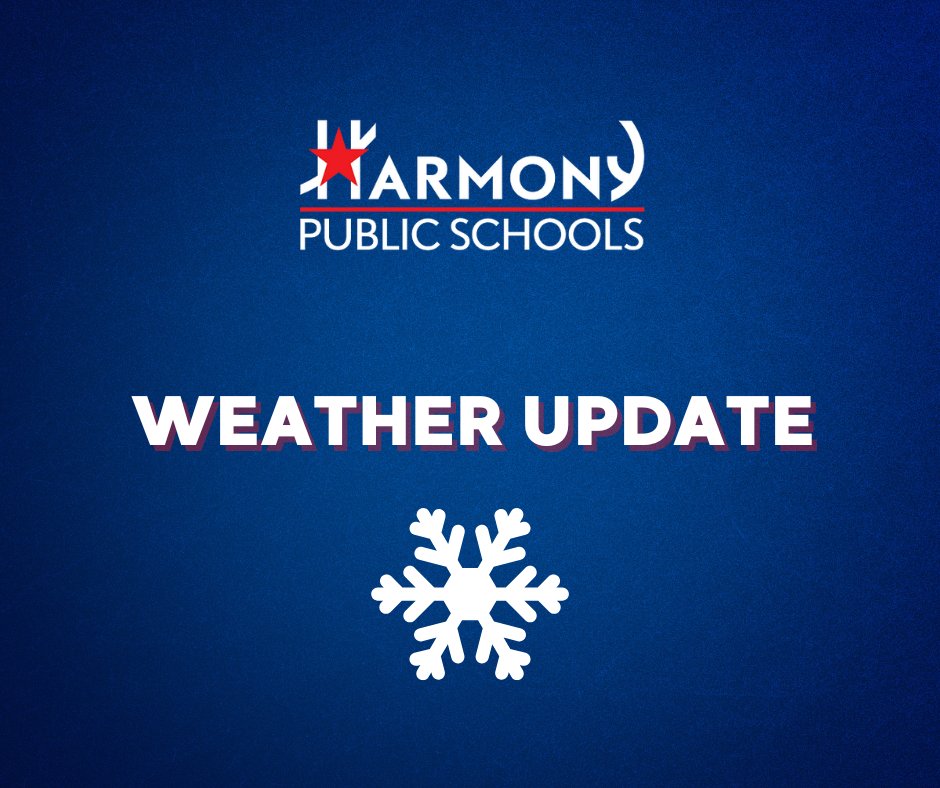 SCHOOL OPERATIONS UPDATE: All Harmony schools in the DFW Metroplex &amp; district offices will be closed 𝗧𝗵𝘂𝗿𝘀., 𝗝𝗮𝗻. 𝟵, &amp; 𝗙𝗿𝗶𝗱𝗮𝘆, 𝗝𝗮𝗻. 𝟭𝟬  due to the arrival of winter precipitation and anticipated hazardous road conditions. Stay warm and safe!