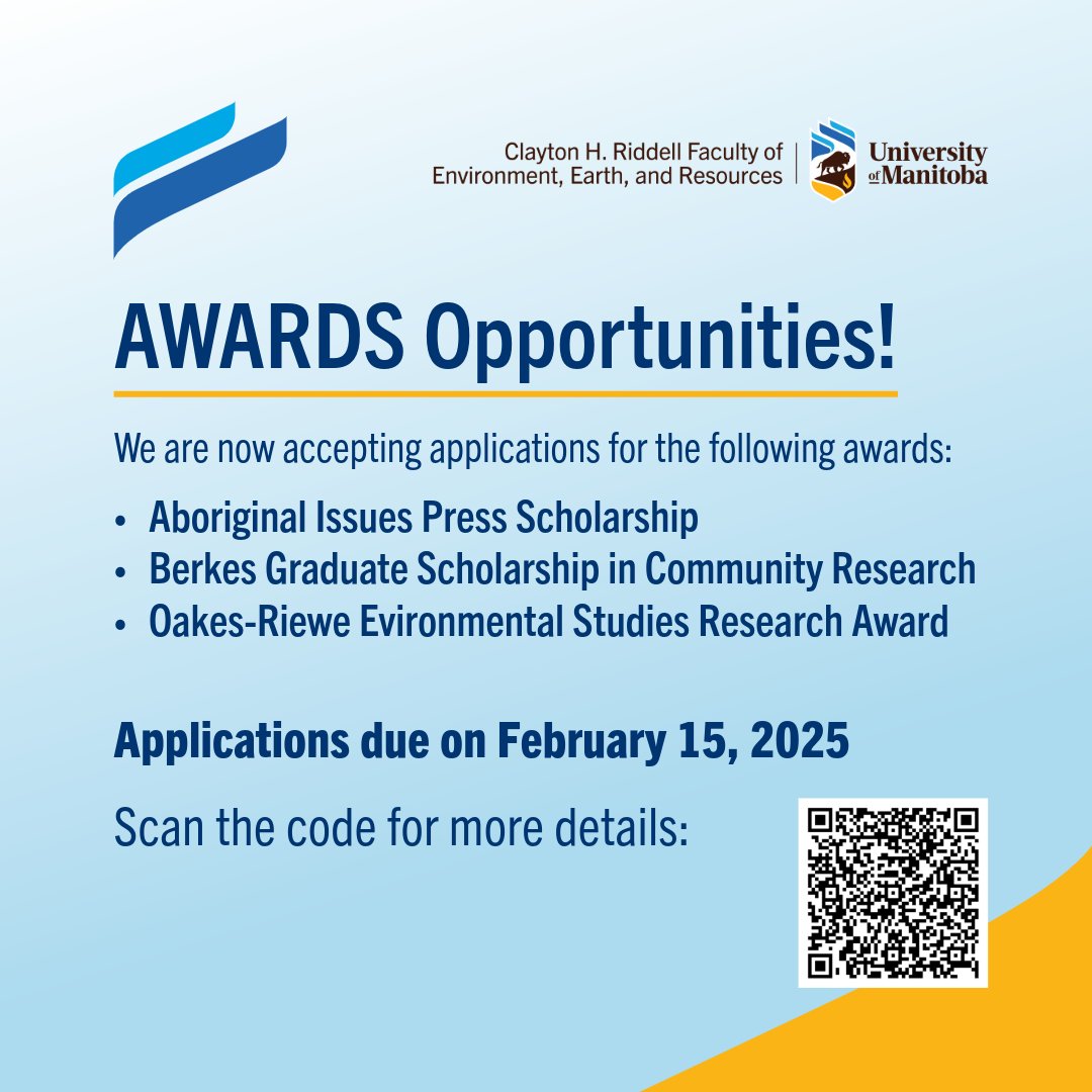 UMRiddellFaculty (@riddellfaculty) on Twitter photo Applications are now open for the listed graduate awards.
For award information and application instructions and checklists, look here: umanitoba.ca/environment-ea…
Applications go to Riddell.Advisor@umanitoba.ca. Applications are now open for the listed graduate awards.
For award information and application instructions and checklists, look here: umanitoba.ca/environment-ea…
Applications go to Riddell.Advisor@umanitoba.ca.