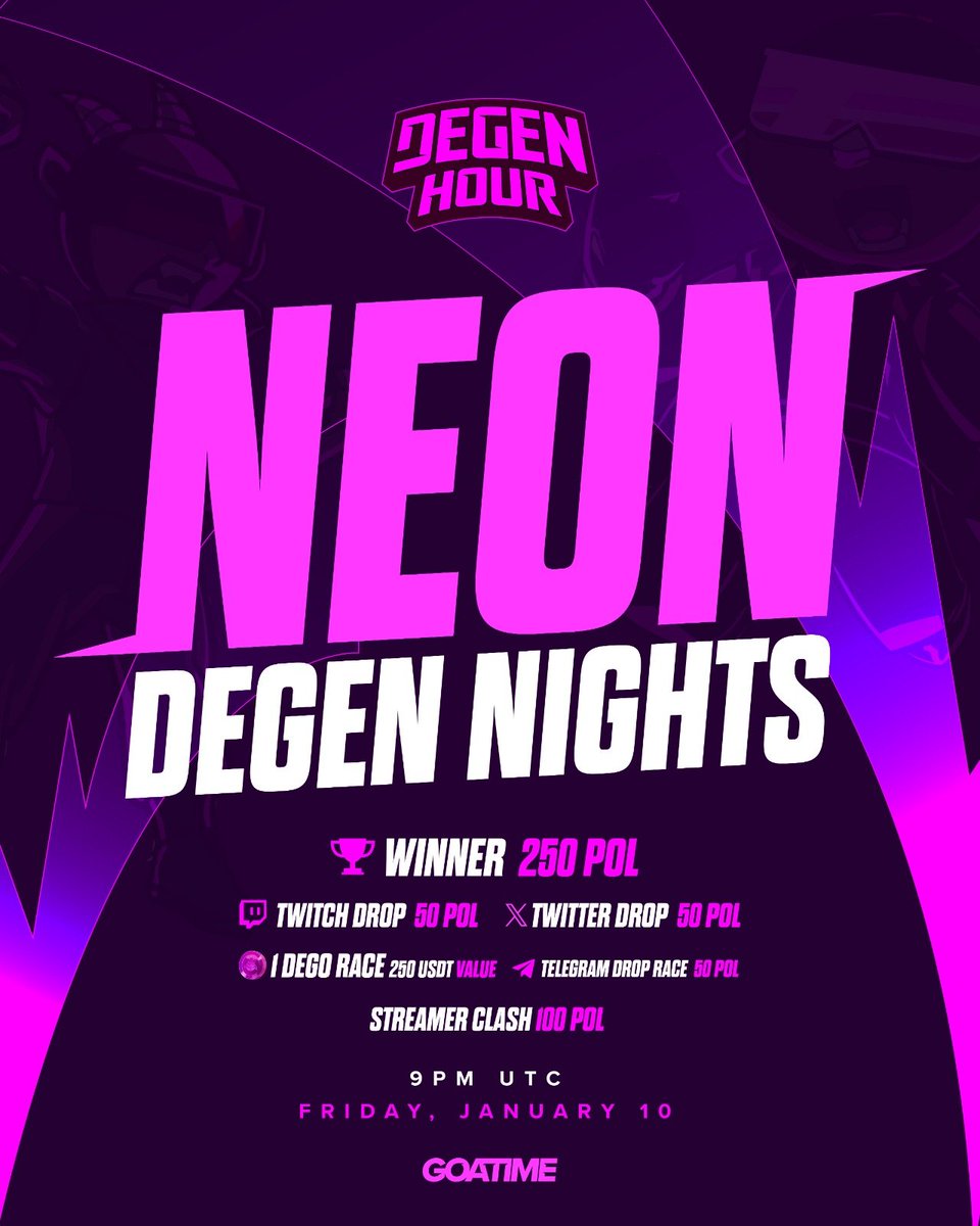 DEGENHOUR_'s tweet image. 🟣🚨🌟 Neon Degen Nights Are Here! 🌟🚨🟣

This Friday at 9 PM UTC, we’re lighting up the arena with the first epic event of the year! 🔥✨

 Neon Degen Nights  brings your favorite streamers, intense competition, and massive prizes:

 🏆 Winner: 250 POL in $GOATI
 🎁 Twitch…