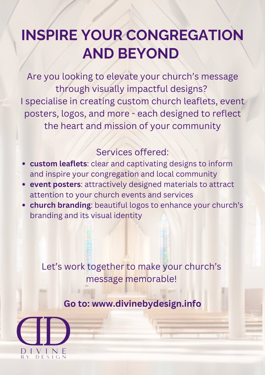 I have a design business I run a creating custom church materials—posters, leaflets, invitations and more! Please see my flyer below for more information and my contact details. I’d love to work with you and your church! #graphic design #church materials