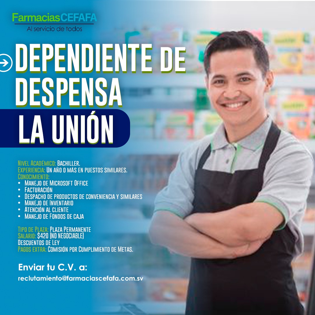 CEFAFA1's tweet photo. Te estamos buscando. Favor enviar CVs al correo electrónico:
reclutamiento@farmaciascefafa.com.sv.   Última fecha para aplicar lunes 13 de enero de 2025. No se reciben aplicaciones después de esa fecha. https://t.co/VpcjQgLf2C