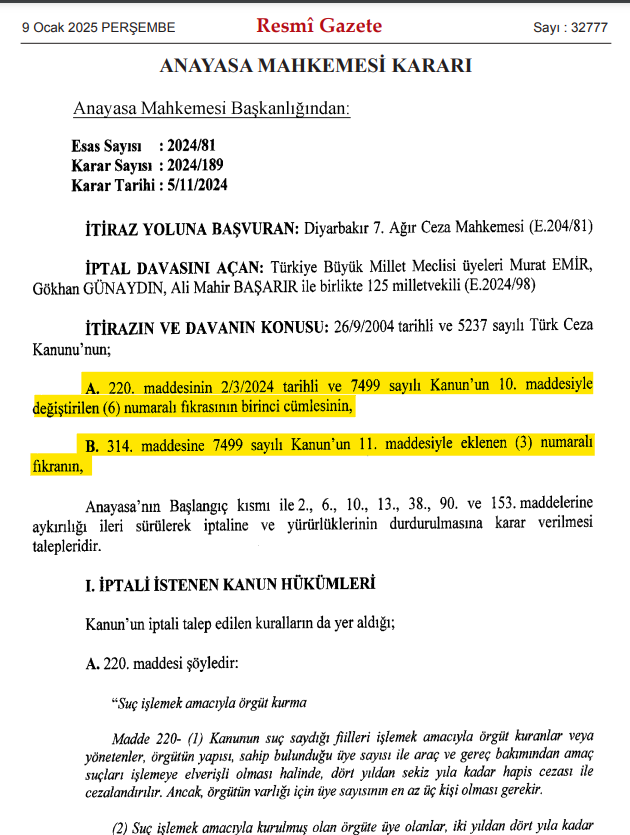 drgokhangunes's tweet photo. Anayasa Mahkemesi, TCK'nın 220/6 ve 314/3. maddelerinde düzenlenen "örgüte üye olmamakla birlikte örgüt adına suç işlemeyi" cezalandıran hükümleri iptal etti. İptal hükümleri 6 ay sonra yürürlüğe girecek. https://t.co/yrvV2n9M8S
