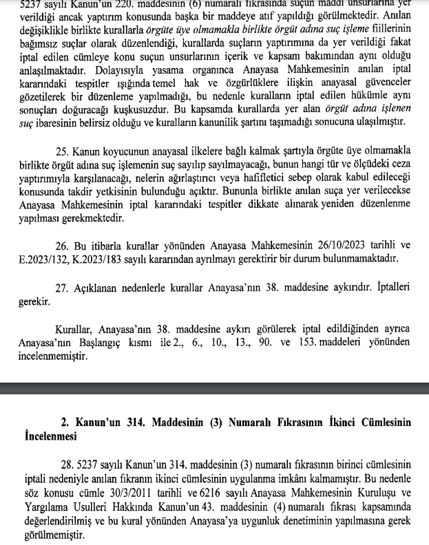 drgokhangunes's tweet photo. Anayasa Mahkemesi, TCK'nın 220/6 ve 314/3. maddelerinde düzenlenen "örgüte üye olmamakla birlikte örgüt adına suç işlemeyi" cezalandıran hükümleri iptal etti. İptal hükümleri 6 ay sonra yürürlüğe girecek. https://t.co/yrvV2n9M8S