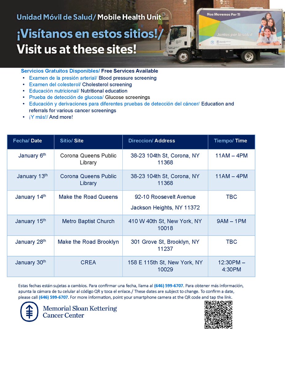 MSKCC Immigrant Health & Cancer Disparities Center (@mskihcd) on Twitter photo Check out <a href="/mskihcd/">MSKCC Immigrant Health & Cancer Disparities Center</a>'s Mobile Health Unit schedule for the month of January. The calendar of events and list of free services offered can be found in the flyer below. We hope you will stop by for a free health screening! Check out <a href="/mskihcd/">MSKCC Immigrant Health & Cancer Disparities Center</a>'s Mobile Health Unit schedule for the month of January. The calendar of events and list of free services offered can be found in the flyer below. We hope you will stop by for a free health screening!