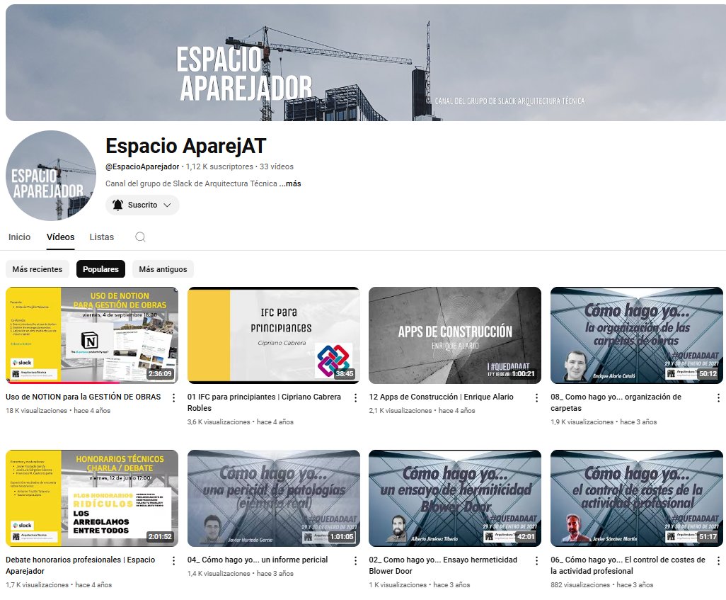 Buscando otra cosa he aterrizado de casualidad en el olvidado canal de YouTube del grupo de Slack de Arquitectura Técnica: Espacio AparejAT
Hay vídeos muy buenos. 
Vaya pedazo de jornadas se montaban durante la pandemia.
#ConecAT #SoyAparejador
youtube.com/@EspacioAparej…