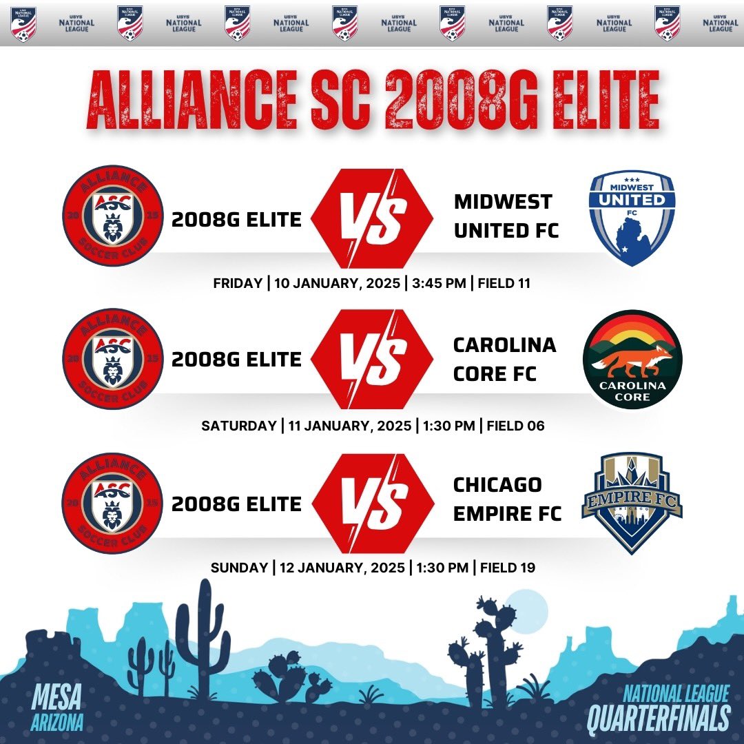 Heading to some warmer weather at the <a href="/NationalLeague/">National League</a> Elite 64 quarterfinals in Mesa, AZ!

Can't wait to get back out onto the field with my <a href="/AllianceSC_08G/">Alliance SC 08G Elite E64 (GA)</a> team! 

Coaches - hope you can make it out to our games!

<a href="/ImCollegeSoccer/">College Soccer Truth ™</a> <a href="/NEGARecruits/">Northeast Georgia Recruits</a> <a href="/ImYouthSoccer/">ECNL/GA/Recruiting/College Soccer</a> <a href="/athleticsbca/">Bethlehem Christian Academy Athletics</a>