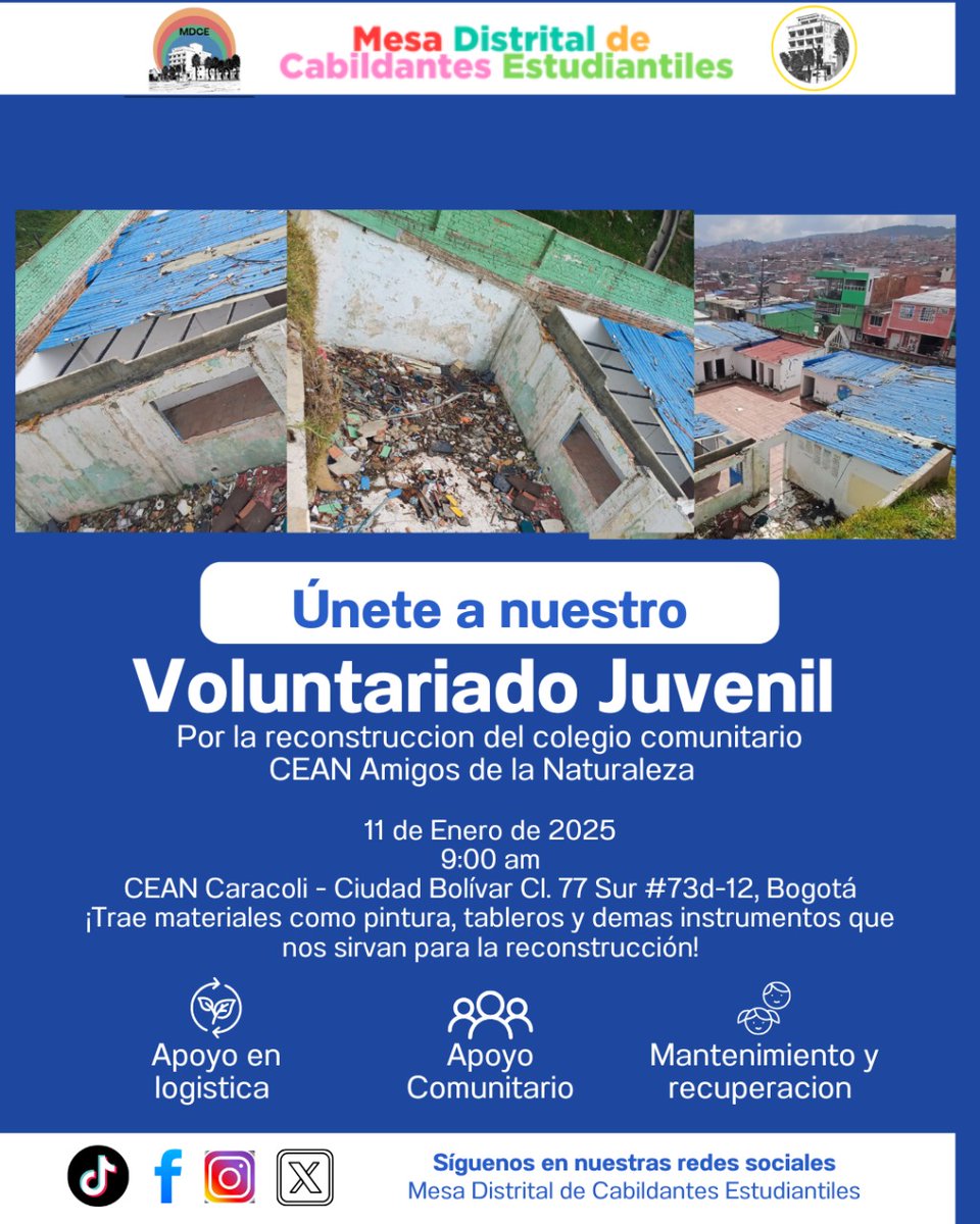 Mesa Distrital Cabildantes Estudiantiles (@cabildistrital) on Twitter photo 📢Llamado urgente a <a href="/IsabelSegovia/">María Isabel Segovia</a> <a href="/CarlosFGalan/">Carlos F. Galán</a> El CEAN en Caracolí, Ciudad Bolívar, necesita su apoyo. Los niños y jóvenes merecen una educación digna y de calidad. 📷
#ReconstruyamosSueños #YoSoyCabil 📢Llamado urgente a <a href="/IsabelSegovia/">María Isabel Segovia</a> <a href="/CarlosFGalan/">Carlos F. Galán</a> El CEAN en Caracolí, Ciudad Bolívar, necesita su apoyo. Los niños y jóvenes merecen una educación digna y de calidad. 📷
#ReconstruyamosSueños #YoSoyCabil