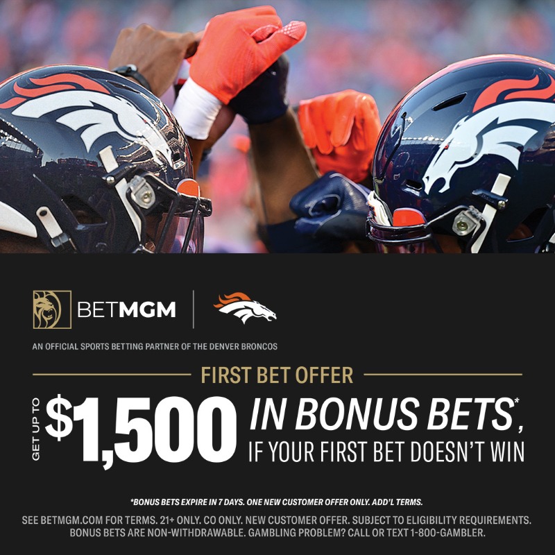 BetMGM's tweet photo. Broncos fans can enjoy BetMGM’s First Bet Offer! 🐎 If you lose your first wager, you’ll get your stake back in Bonus Bets, up to $1,500.