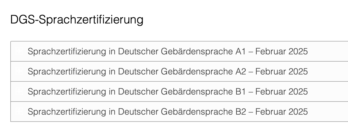 Die nächste DGS-Sprachzertifizierung finden am 7. Februar 2025 statt. Die Anmeldungen können bis 9.1.2025 angenommen werden. Viel Erfolg! kora-berlin.de/fort-weiterbil…