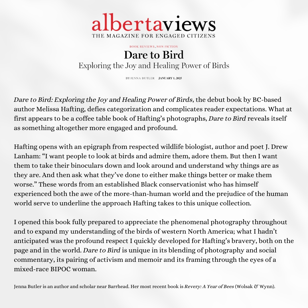 rmbooks (@rmbooks) on Twitter photo Thank you to Jenna Butler at <a href="/albertaviews/">Alberta Views</a> for this thoughtful review of Dare to Bird by Melissa Hafting! Take a look at the full review albertaviews.ca/dare-to-bird/
If you’re looking for a book that blends breathtaking photography with powerful storytelling, this is it 📚🐦⬛ Thank you to Jenna Butler at <a href="/albertaviews/">Alberta Views</a> for this thoughtful review of Dare to Bird by Melissa Hafting! Take a look at the full review albertaviews.ca/dare-to-bird/
If you’re looking for a book that blends breathtaking photography with powerful storytelling, this is it 📚🐦⬛