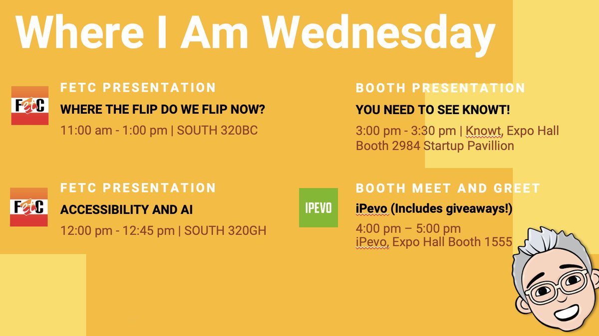 Apologies for the unfinished slide. My power was cut 23 hours ago as a precaution with the wind events in Southern California. So far, my home has not been impacted beyond the heavy wind. 

My schedule week from today at #FETC includes FETC sessions, booth demo and meet and greet