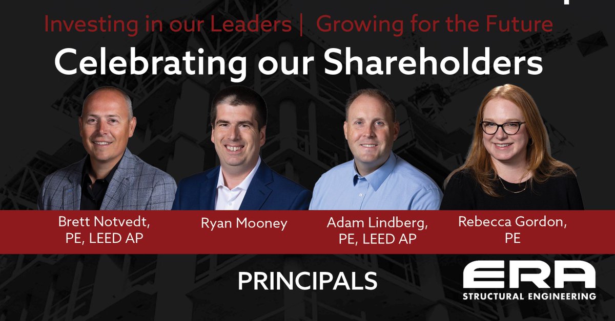 erastructural's tweet photo. We want to shine a spotlight on our next round of shareholders – Principals. Congratulations to Rebecca Gordon, our newest addition to this shareholder title, joining her Principal colleagues Brett Notvedt, Ryan Mooney and Adam Lindberg. https://t.co/L97mPE99op