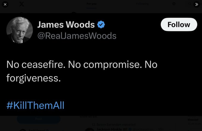 keymiftah79's tweet photo. الممثل الأمريكي جيمس وودز يبكي على قناة CNN بعد احتراق منزله في كاليفورنيا.
يُذكر للمثل وودز أنه نشر تغريدة حث فيها على قتـ.ـل أهالي غزة جميعًا، كتب فيها: "لا وقف لإطلاق النار. لا مساومة. لا تسامح." https://t.co/Nls1PVDsw7