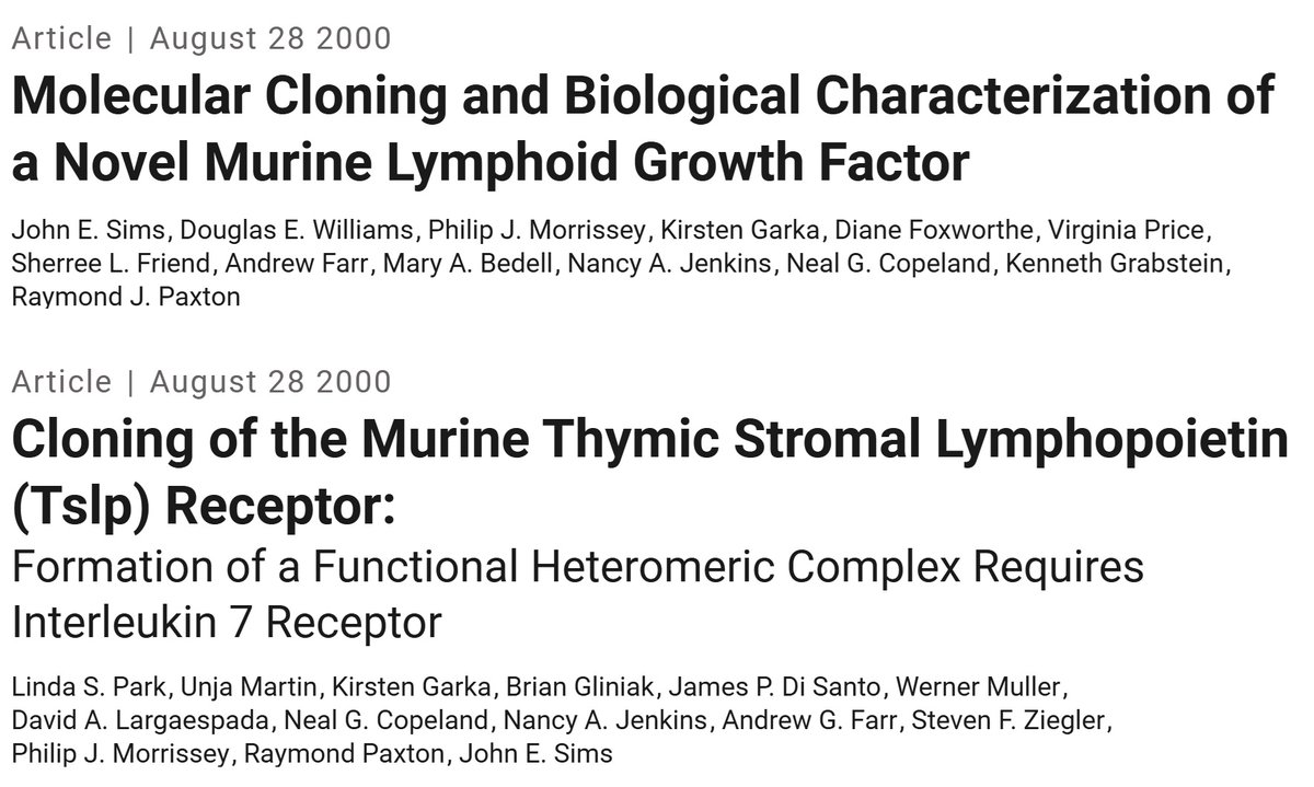 Happy New Year! I wish you all a healthy and successful 2025! In this #JEMLegacy tweet, I would like to bring your attention to two back-to-back papers published in 2000 by John E. Sims that cloned and characterized #TLSP and TLSPR.
rupress.org/jem/article/19…
rupress.org/jem/article/19…