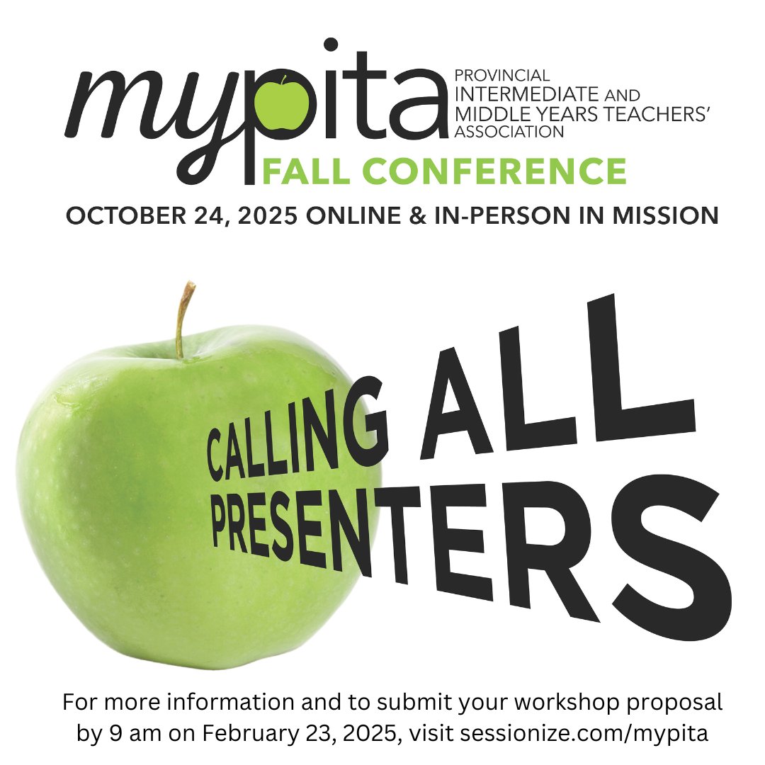 Apply to present at the myPITA 2025 Fall PSA Day Conference on Friday, October 24, 2025, in person at Heritage Park Middle School in Mission, BC, and online at sessionize.com/mypita
#teacherPD #mypita #BCTF #professionaldevelopment #callforproposals #teacherconference