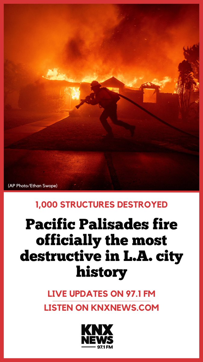 The Palisades Fire is officially the most destructive fire in the city of L.A.’s history, with 1,000 structures destroyed.

Read more: audacy.com/knxnews/news/l…