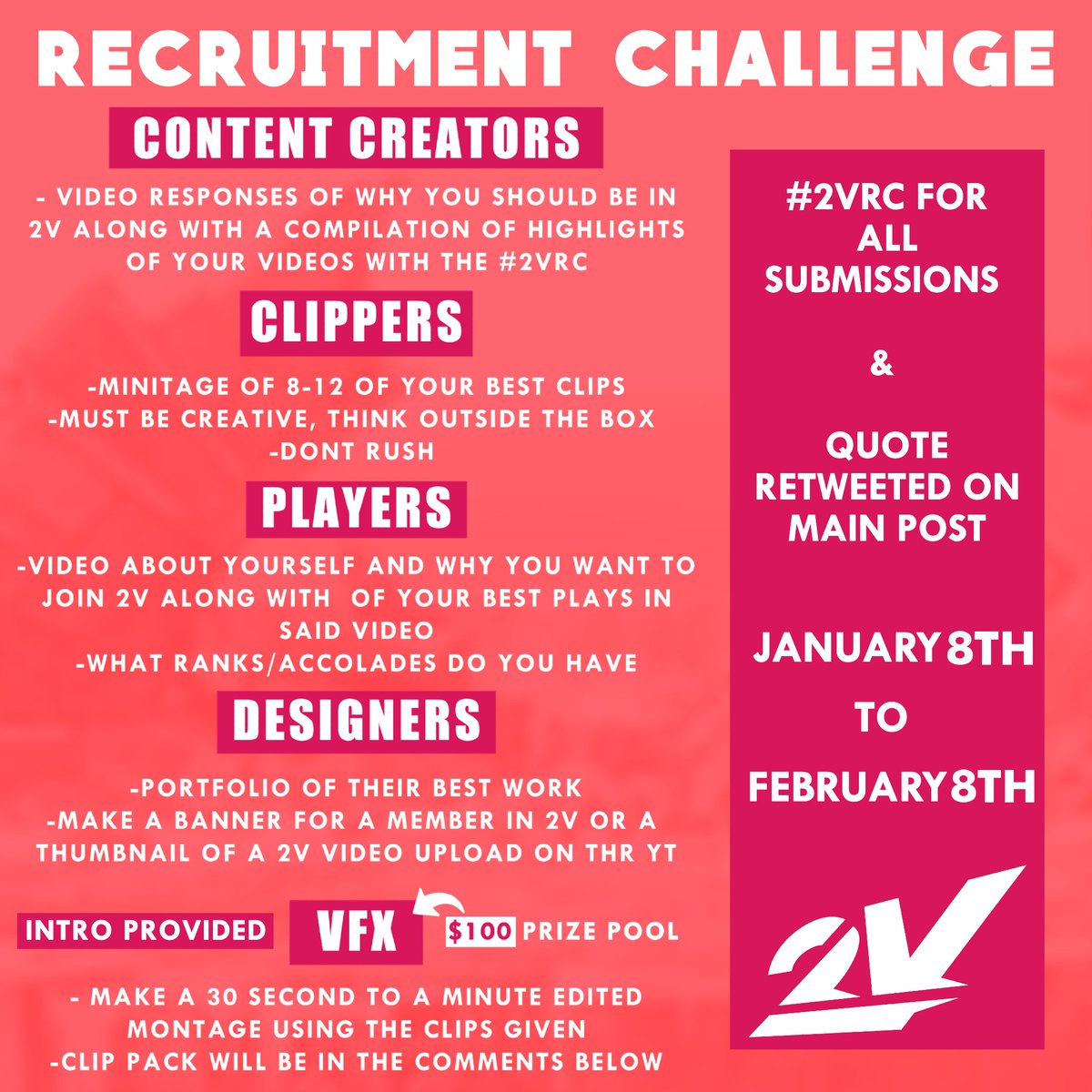 2Viable's tweet image. 🗣️ WE WANT YOU TO JOIN 2V! 📢

We have various positions within one of the fastest-growing content rosters in the SSBU scene starting today and ending on February 8th.

Follow the instructions and see if you have what it takes to join 2V!  Shoot a reply if you have any questions!