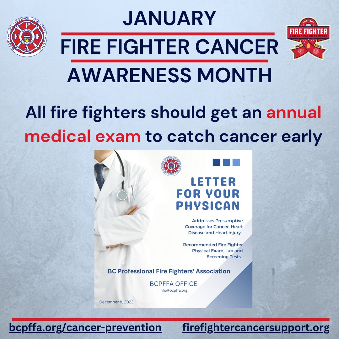 January is Firefighter Cancer Awareness Month. Cancer remains the #1 cause of firefighter line-of-duty deaths in Canada from exposures to toxic materials and products of combustion. Prevention, education and regular testing is critical for firefighter health.