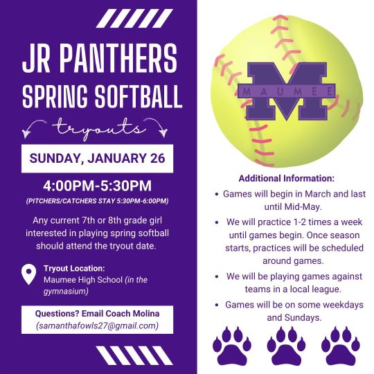 Attention 7th and 8th Graders, MAUMEE softball is excited to announce that they will be putting together a very competitive spring team.This team will being playing against very competitive competition and will be coached by Samantha Molina one of the best coaches in the area .