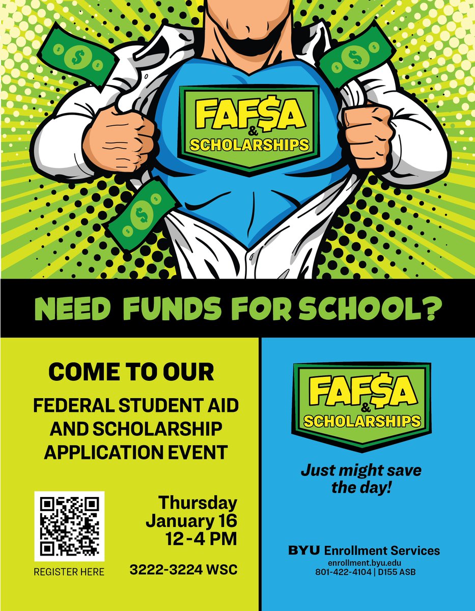 Next Thursday, we're holding a FAFSA &amp; BYU scholarship application event!

Come get expert guidance &amp; personalized support to help you unlock your financial aid potential!

Register at one.byu.edu/2025fafsaevent

#BYU #BrighamYoungUniversity #FAFSA #scholarships