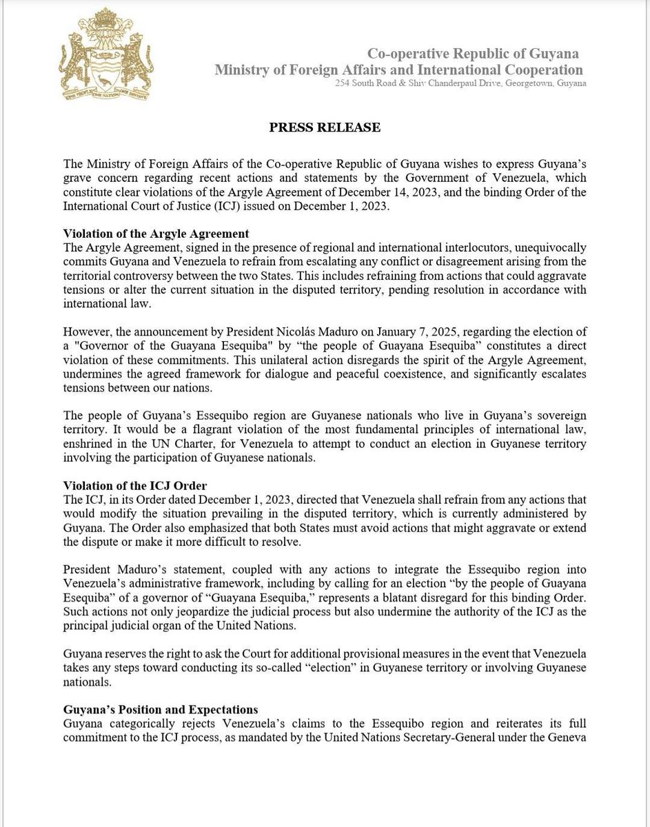AntroCanal's tweet image. #Atención Comunicado de Cancillería de Guyana #8Ene 

"El Ministerio de Asuntos Exteriores de la República Cooperativa de Guyana desea expresar la profunda preocupación de Guyana por las recientes acciones y declaraciones del Gobierno de Venezuela, que constituyen claras…