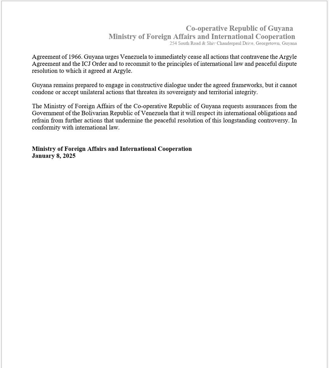 AntroCanal's tweet image. #Atención Comunicado de Cancillería de Guyana #8Ene 

"El Ministerio de Asuntos Exteriores de la República Cooperativa de Guyana desea expresar la profunda preocupación de Guyana por las recientes acciones y declaraciones del Gobierno de Venezuela, que constituyen claras…