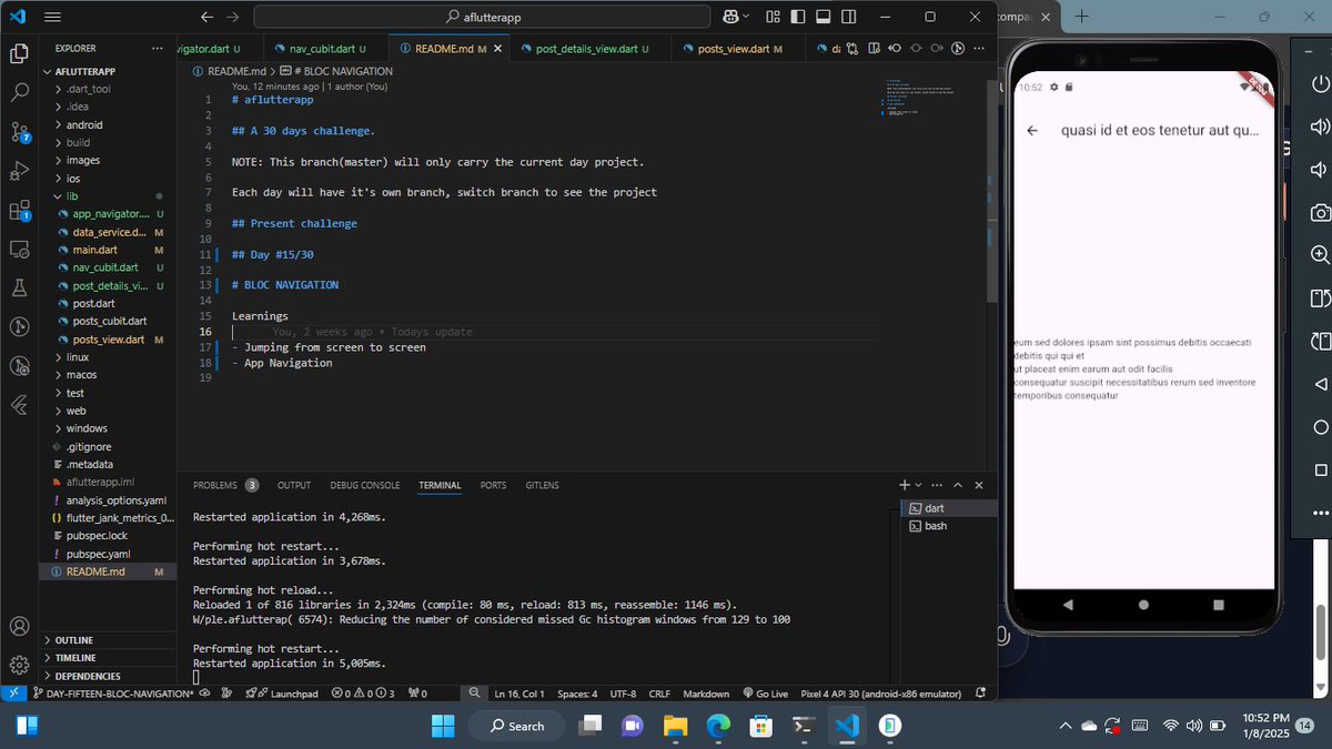 GFasedemi's tweet image. Day #15/30 of my Flutter journey

BLOC NAVIGATION

#30DaysOfFlutter 
#30daysofcode 
#flutter 
#mobileapp