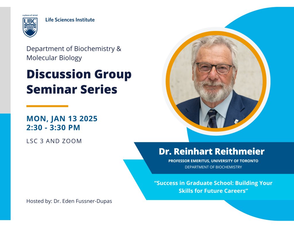 We would like to invite you to our Discussion Group Seminar Series, featuring Dr. Reinhart Reithmeier, Professor Emeritus in the Department of Biochemistry at the University of Toronto.

📍 January 13, 2:30 PM in LSC 3 &amp; Zoom
Host: Dr. Eden Fussner-Dupas

See you there!🌟