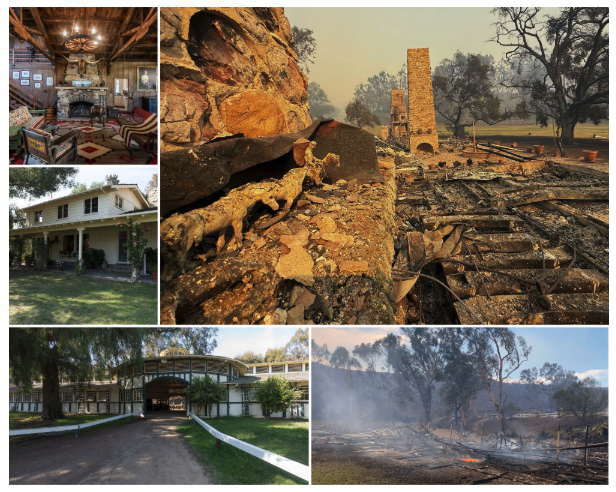 chrissgardner's tweet photo. California State Parks confirming destruction of the following: Will Rogers’ historic ranch house and other historic buildings at Will Rogers SHP, Topanga Ranch Motel and all concessions, State Park employee residences and more than 30 structural losses at Topanga SP and Will Rogers SHP. CSP also sharing these below images of before/after.