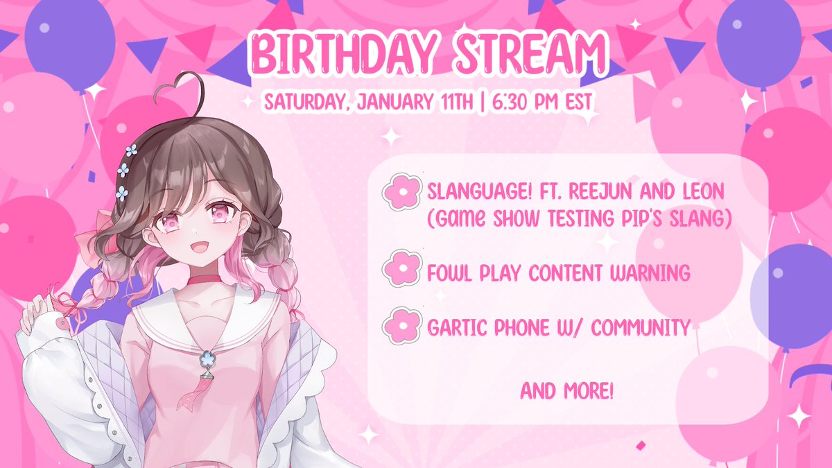 pipofthepuddle's tweet image. Come celebrate my birthday with me this Saturday at 6:30 PM EST!! 🥳🎂

@MadameReejun and @leonbreadgrave will be hosting a fun game show called Slanguage! where they test my knowledge on slang. We'll be playing Content Warning and more! WOO! 

#envtuber #vtuber #pipofthepuddle