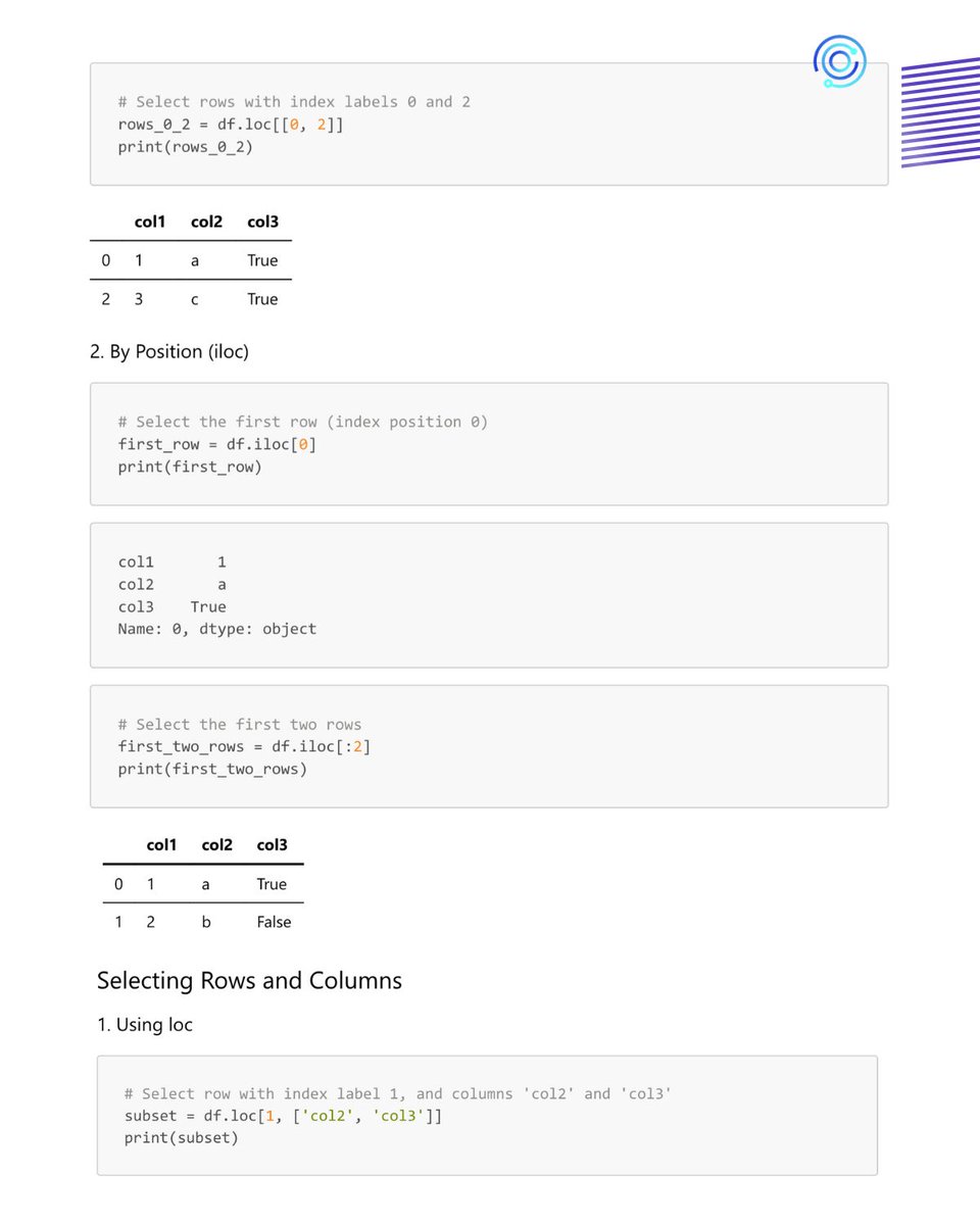 CognitiveClass's tweet image. Everything you need to know about Data Selection, Indexing, and Slicing in Pandas! 🐼
📌 Grab the latest Pandas cheat sheets and get started now. Combine them with our free guided project to achieve your New Year goals > shorturl.at/9v3YY
#PythonSkills #PandasAI…
