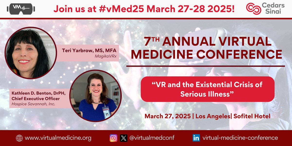 🌟Thrilled to have <a href="/TYarbrow/">Teri Yarbrow</a> Teri Yarbrow MS, MFA &amp; Kathleen Benton DrPH, CEO, as keynote speakers 🎤 at #vMed25! They’ll explore how VR can transform the emotional and psychological challenges of living with serious illness. Don't miss this powerful session! #VR #KeynoteSpeakers