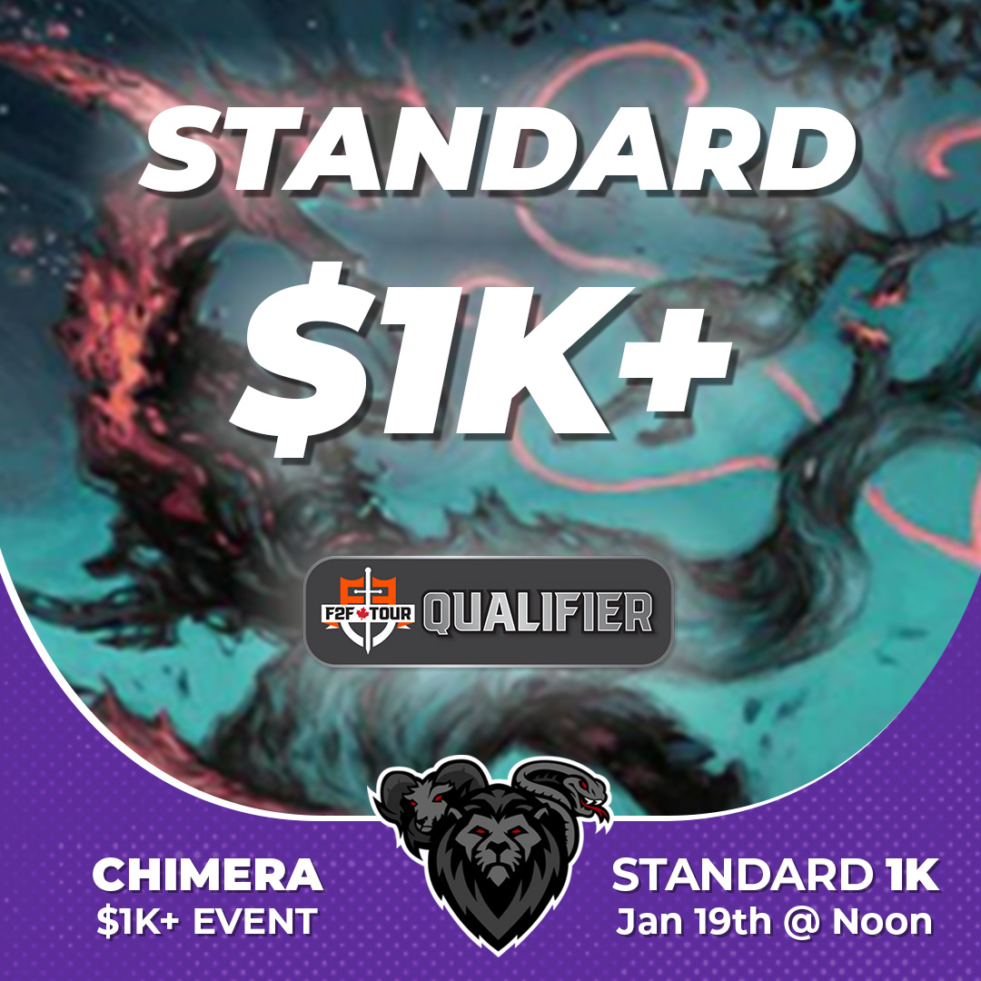 ChimeraGamingCA's tweet image. Join us Sunday January 19th at Noon for our first Standard 1K+ RCQ of the year! Be sure to get your tickets on our website. 

#MagicStandard #MagictheGathering #ChimeraGaming