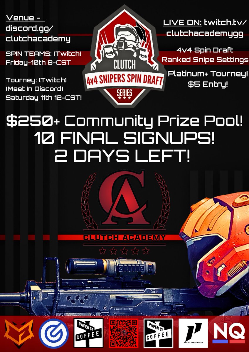 🚨 LAST 10 SPOTS LEFT! 🚨
Clutch Academy JAN 11TH Tournament 🎯
4v4 Snipers Spin Draft Tournament 🎯
REGISTER: start.gg/tournament/clu…
🗓️ Date: This Saturday, January 11th
🕛 Time: Starts at 12 PM CST
📢 Final Sign-ups Close: Friday, January 10th at 8 PM CST (before team picks)!