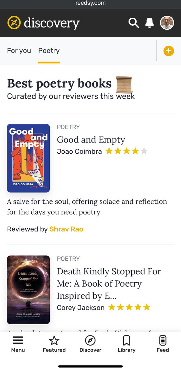 I’ve been ✨featured ✨ as  best poetry books on Reedsy Disovery. Thank you thank you thank you all.

There is still time to upvote my book here 
If you could spare 30 seconds 

reedsy.com/discovery/book…
#poetrycommunity #Selfpublished