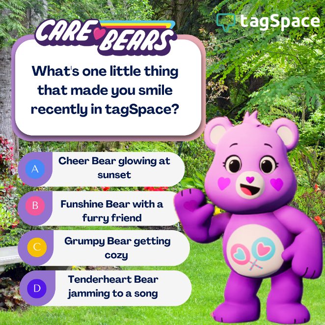 🌈 As we reflect on the little things that bring us joy, we'd love to know: What's one thing that made you smile while using any of the Care Bears zones in <a href="/tagSpaceCo/">tagSpace</a>?

📲 Download tagSpace now and bring Care Bears moments to life!🌈✨

publish.tagstorm.com/carebears
