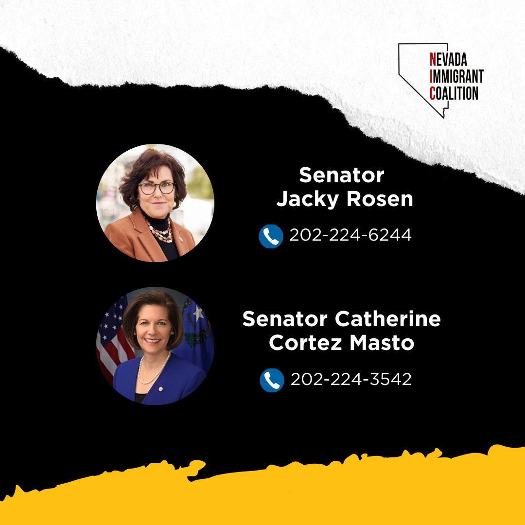 🚨 Call Your Nevada Senator Today!🚨 

We urge NV Senators <a href="/SenJackyRosen/">Senator Jacky Rosen</a> &amp; <a href="/CortezMasto/">Catherine Cortez Masto</a> to vote NO on the Laken Riley Act. This bill cynically manipulates a personal tragedy to criminalize &amp; demonize immigrant communities. It will simply help kick-start Trump's mass deportation.